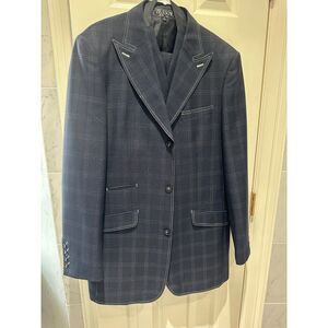 Tessori Uomo 3-Pc Suit 40L | Navy Windowpane Pattern Tall Suit